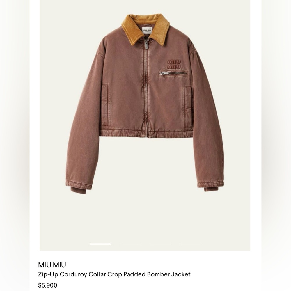 Miu Miu AUTHENTIC NEW Brown Zip-Up Corduroy Collar Crop Padded Bomber Jacket - Picture 2 of 8